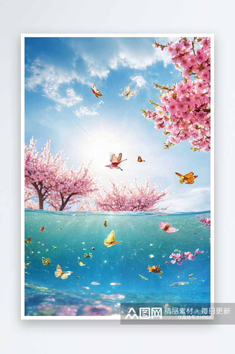 二十四节气春分春天湖边盛开樱花树水彩插画素材