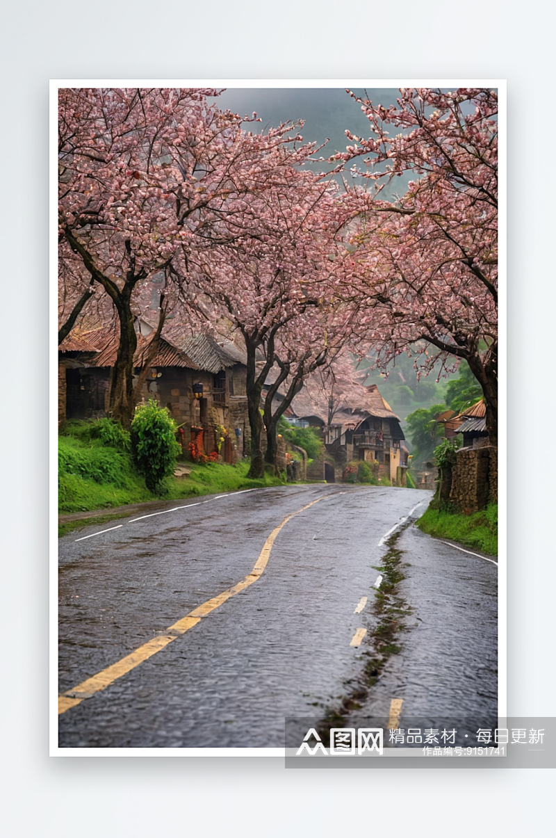 下雨天樱花盛开图片素材