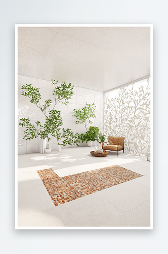 室内自然光树叶阴影下白色瓷砖场景图片