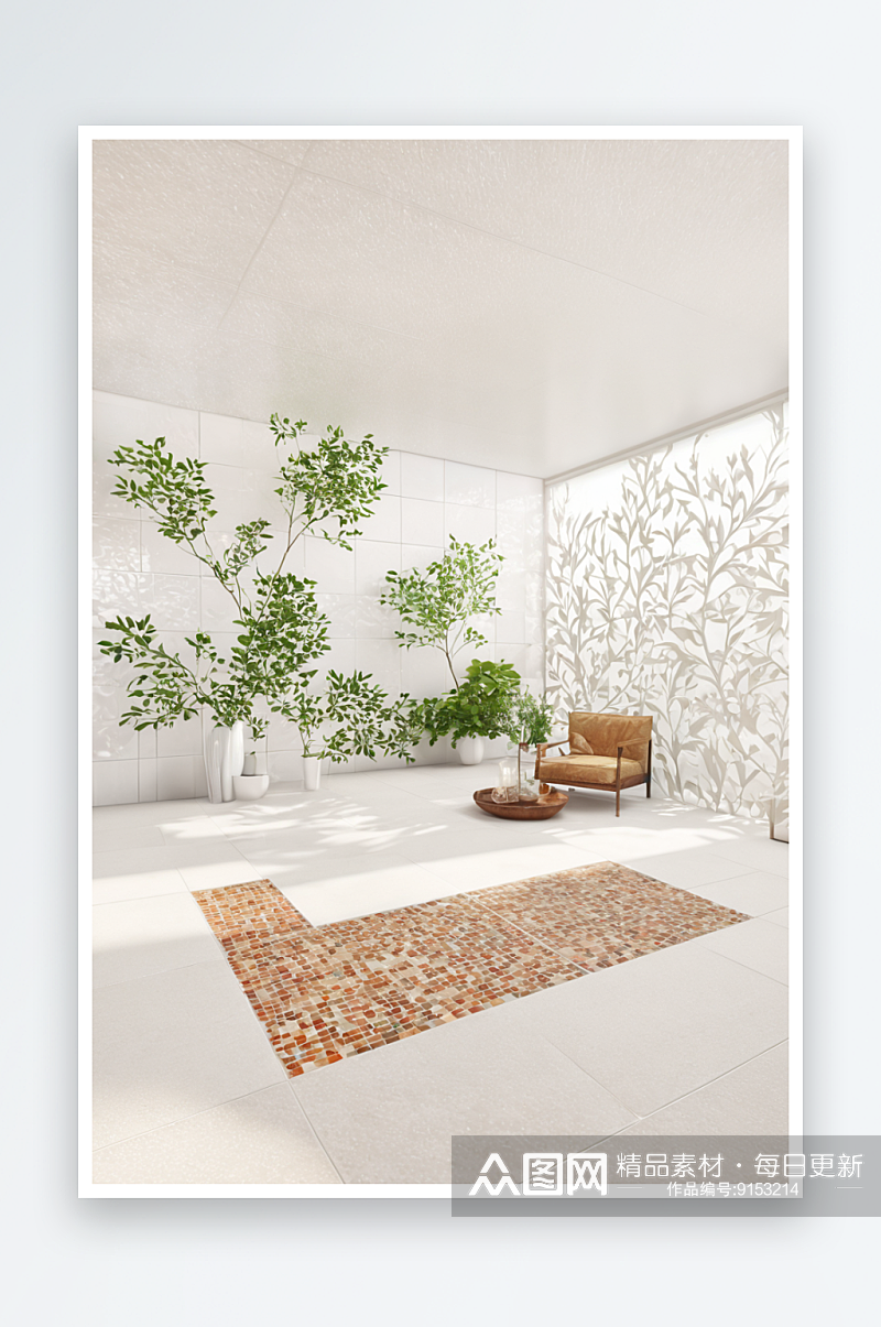 室内自然光树叶阴影下白色瓷砖场景图片素材