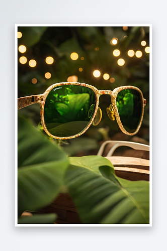时髦太阳镜白色背景与绿色植物图片