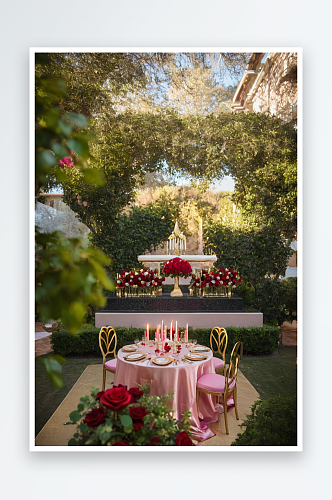 奢华情人节婚礼接待细节粉色红色玫瑰花蜡烛