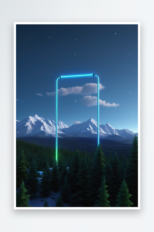 三维渲染雪山森林中霓虹灯管图片