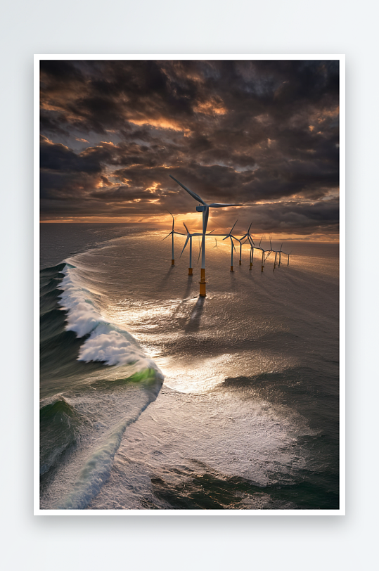 日落时海上风力发电场风车图片