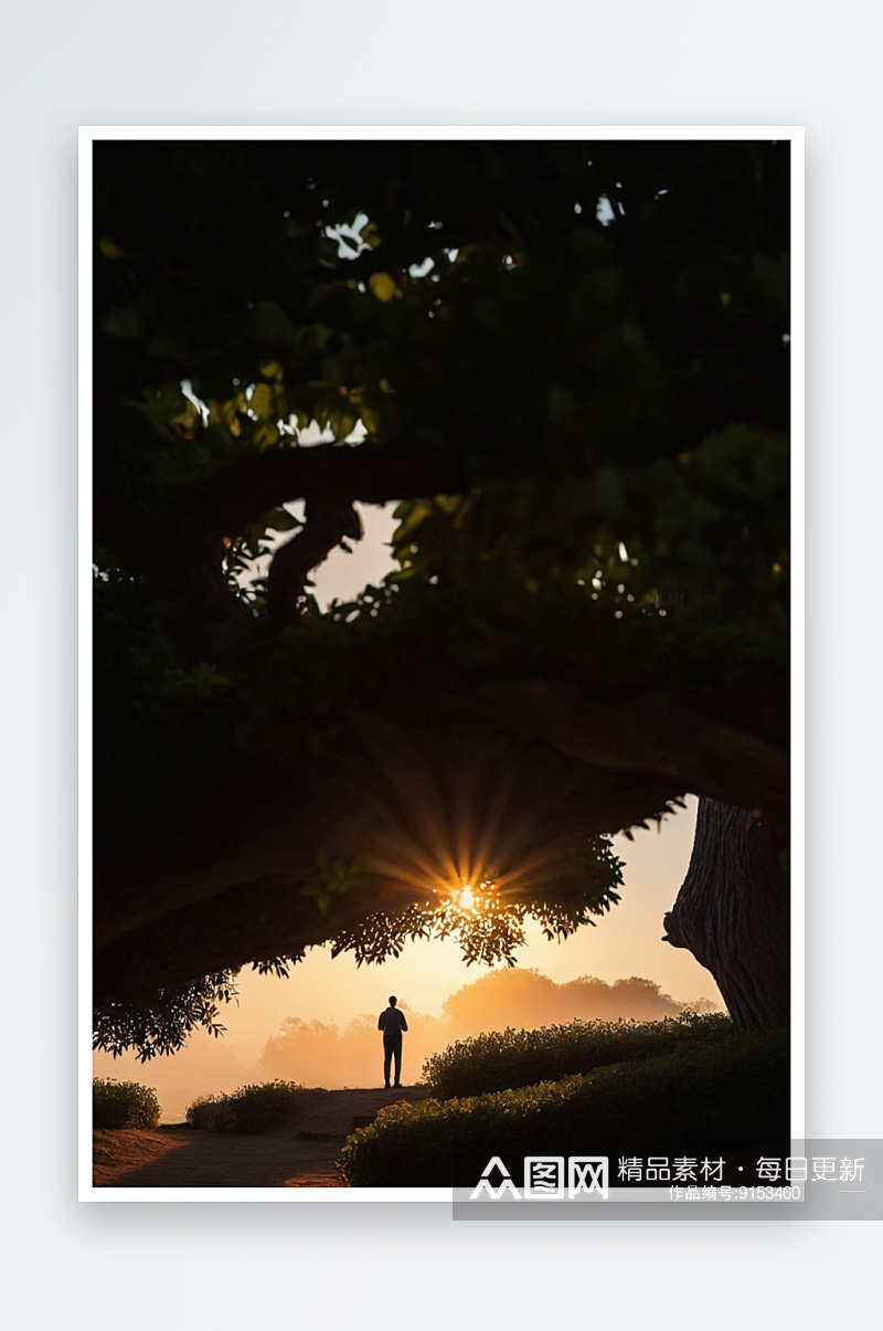 日出时一个人站公园树丛中剪影图片素材