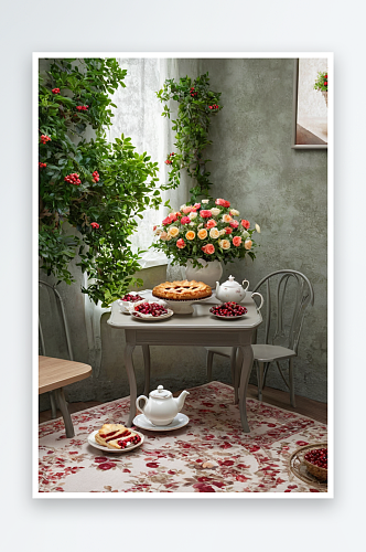浅灰色餐桌上放着红莓果馅饼茶具茶壶鲜花篮
