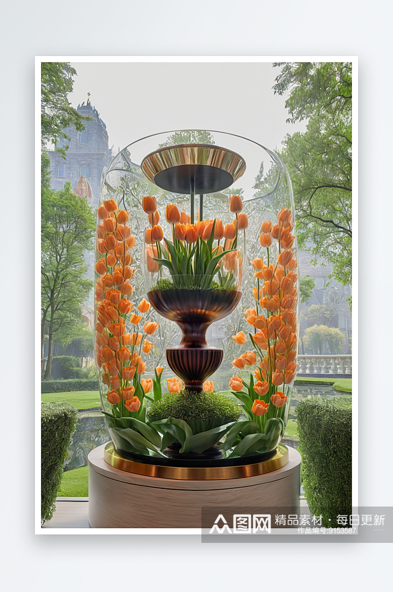 浅橙色郁金香插高高玻璃花瓶里图片素材