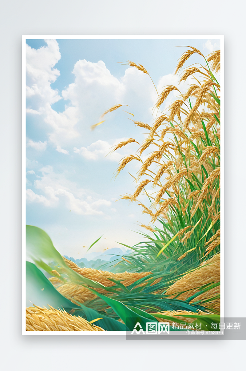 农民丰收节插画元素风吹成熟水稻图片素材