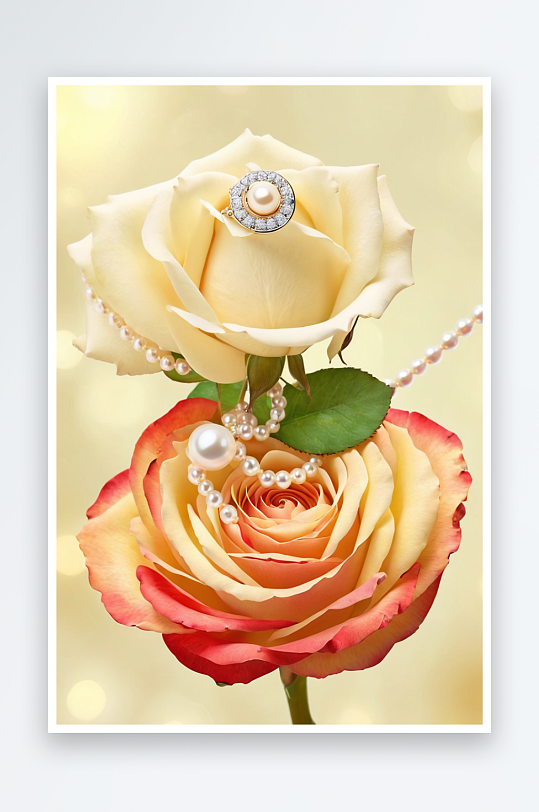 美丽白玫瑰珍珠项链花瓣背景理想贺卡婚礼生