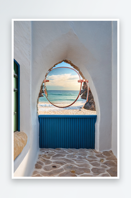 玫瑰色太阳镜与海滩背景裁剪视图图片