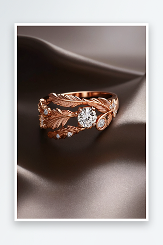 玫瑰金戒指与钻石花卉设计米色背景与羽毛图