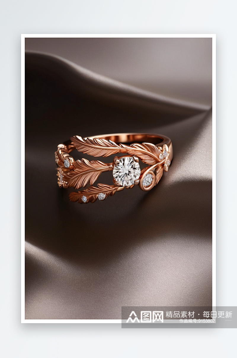 玫瑰金戒指与钻石花卉设计米色背景与羽毛图素材