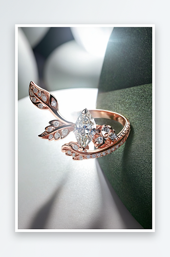 玫瑰金戒指与钻石花卉设计绿色背景照片