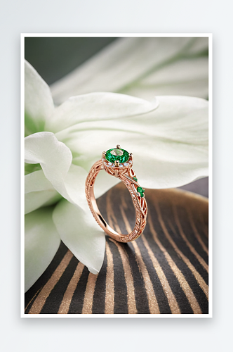 玫瑰金戒指与钻石花卉设计绿色背景图片