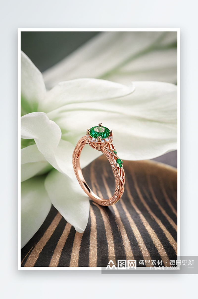 玫瑰金戒指与钻石花卉设计绿色背景图片素材