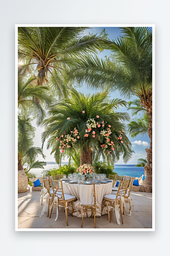 户外婚宴桌上摆放着鲜花椅子上有棕榈树蓝天