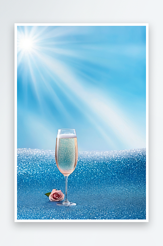 蓝色背景玫瑰香槟酒创意照片图片