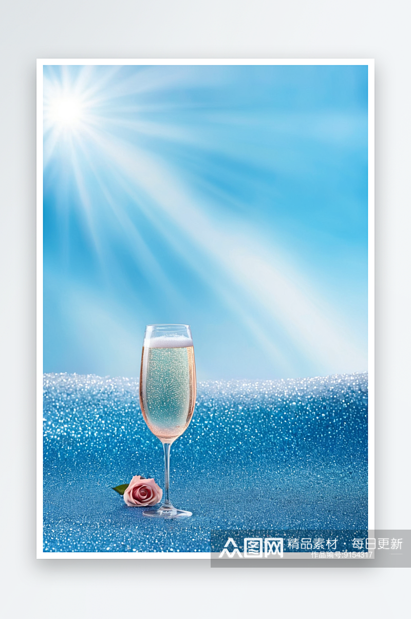 蓝色背景玫瑰香槟酒创意照片图片素材