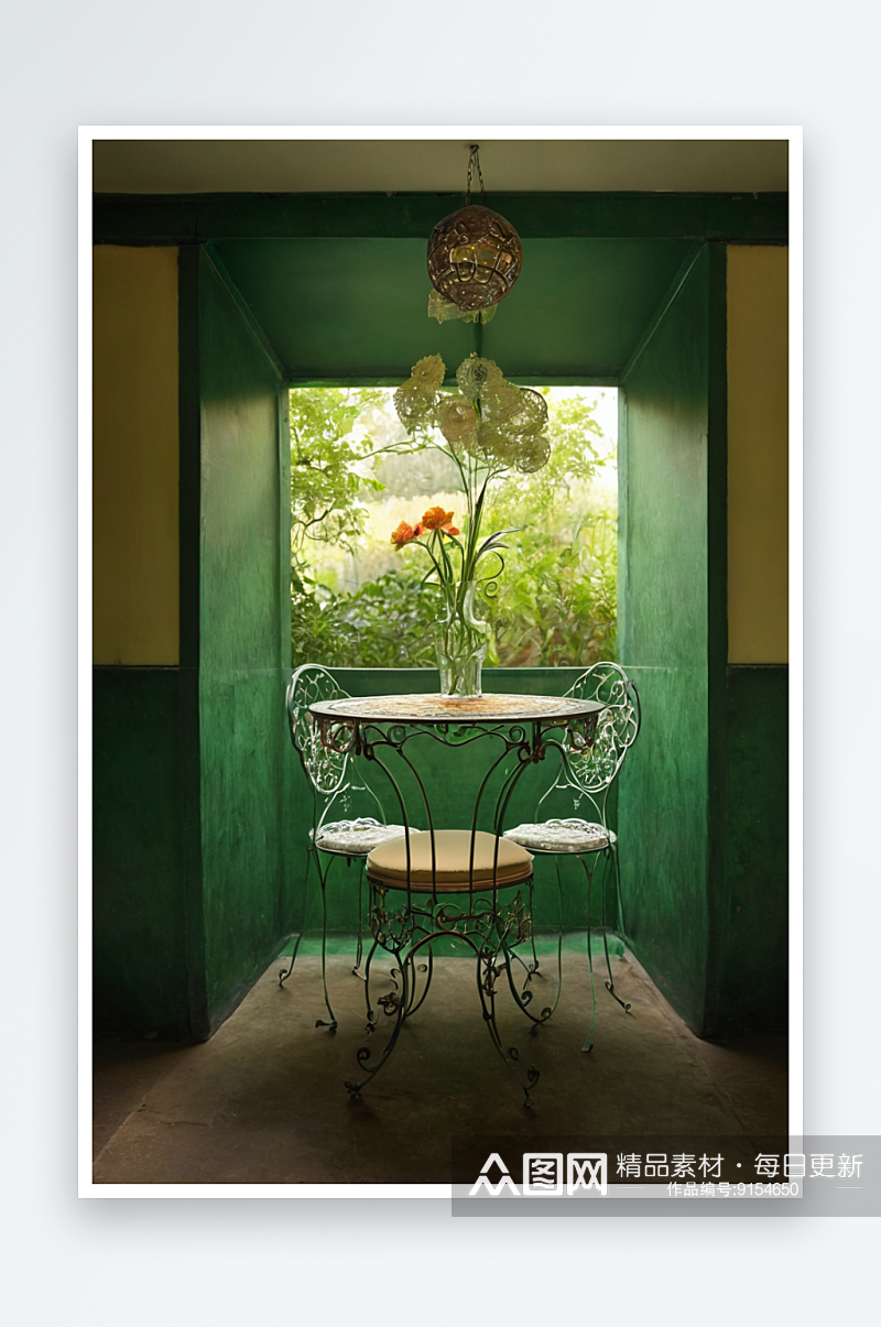 花园桌子华丽金属椅子复古屏风花瓶绣球花边素材