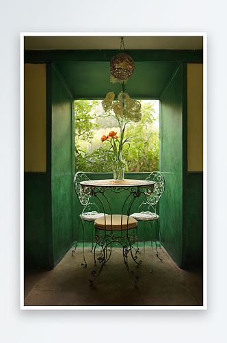 花园桌子华丽金属椅子复古屏风花瓶绣球花边
