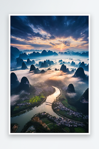 广西桂林漓江俯拍日出风光图片