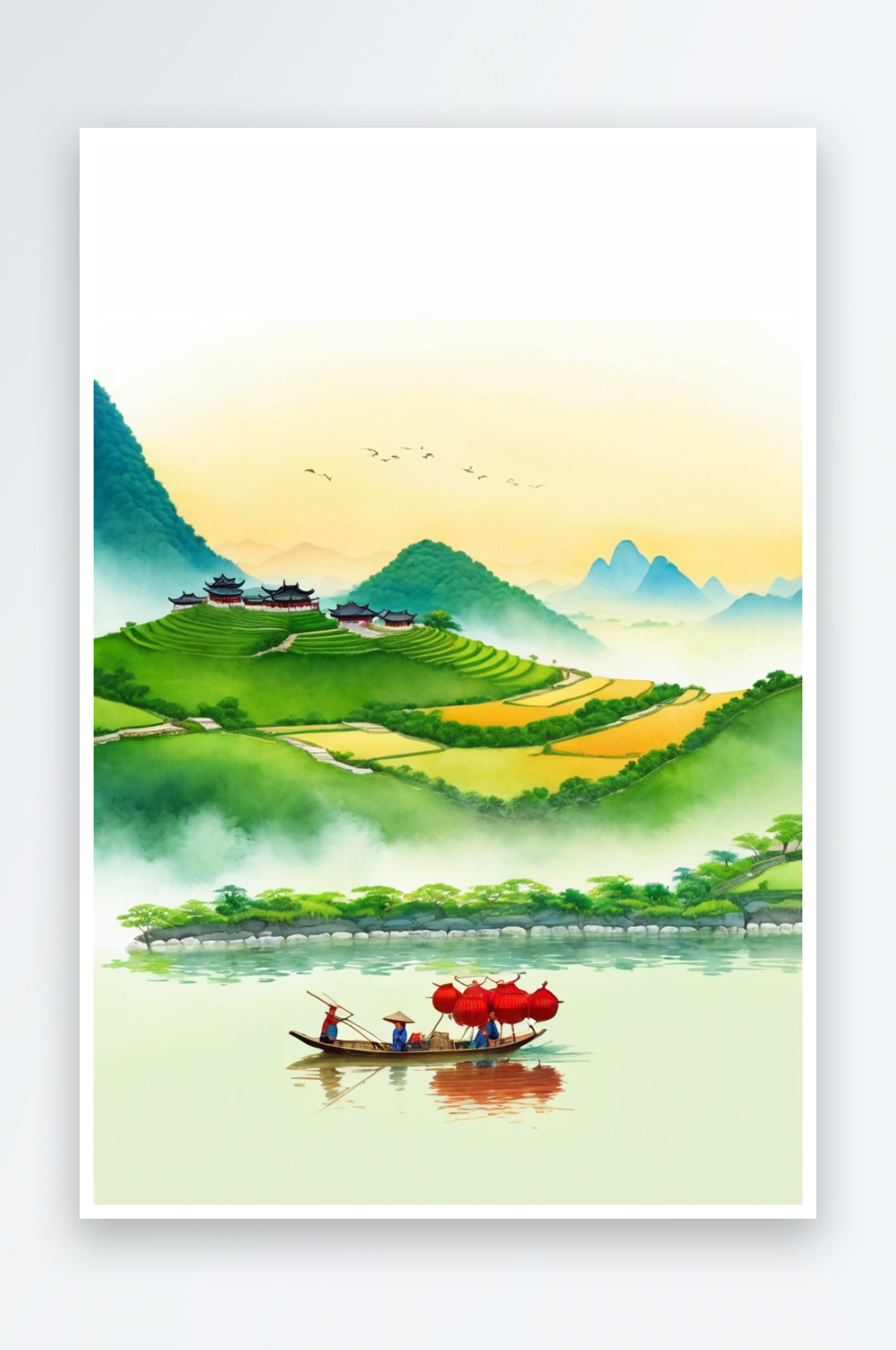 风新中式古风南方江南水乡村子青绿山水画梯素材下载-众图网