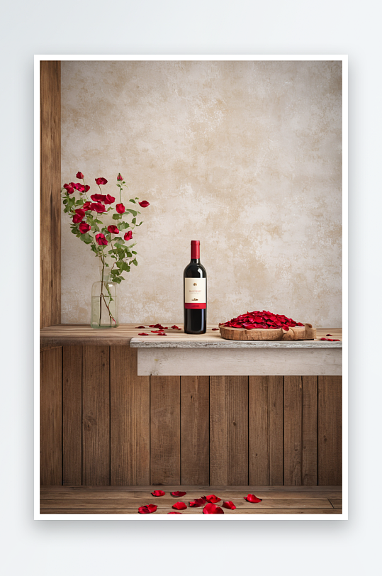 带有空标签红酒酒瓶仿造质朴木制厨房餐桌上