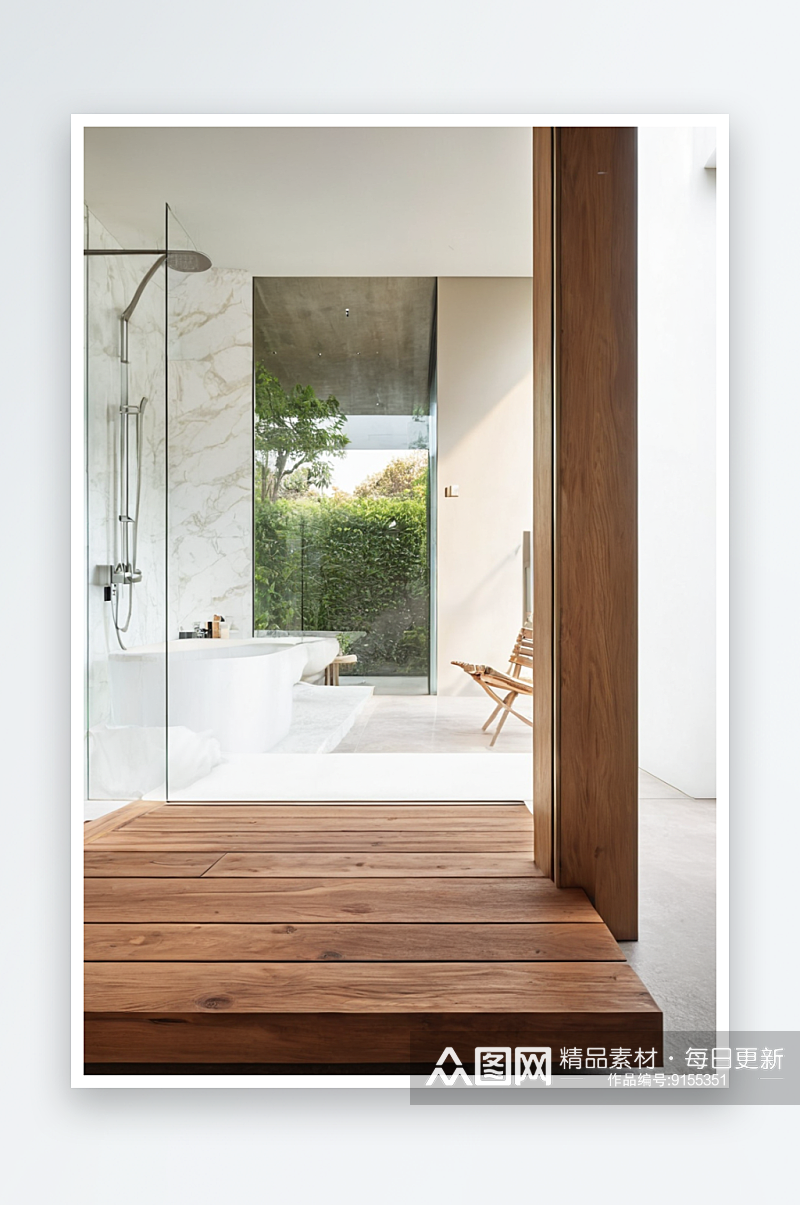 从带有木平台庭院透过无框玻璃墙进入浴室视素材