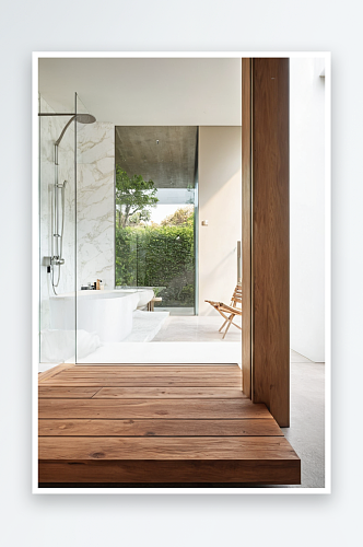 从带有木平台庭院透过无框玻璃墙进入浴室视
