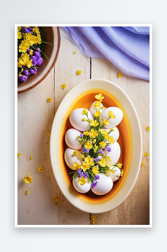 春天花朵白色背景上花组成黄色紫色花复活节