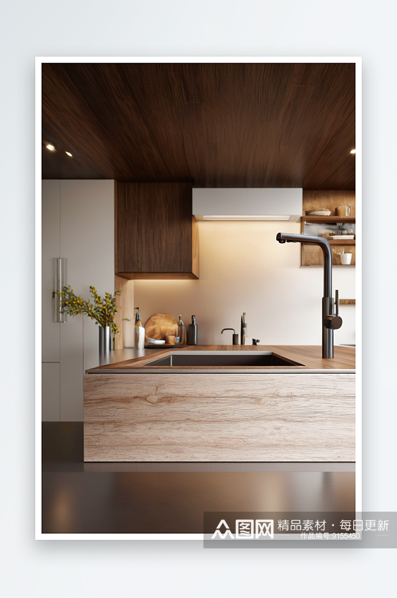 厨房台面有一个水槽带有棕色木色图片素材