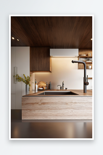厨房台面有一个水槽带有棕色木色图片