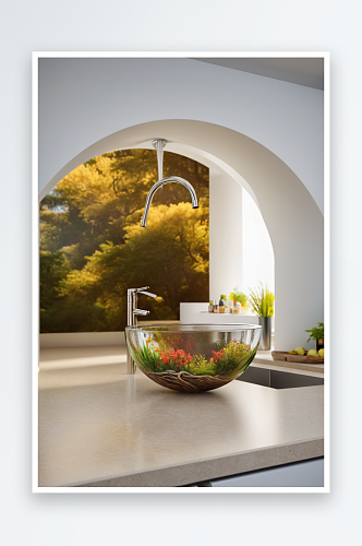 厨房水槽与自然景观图片