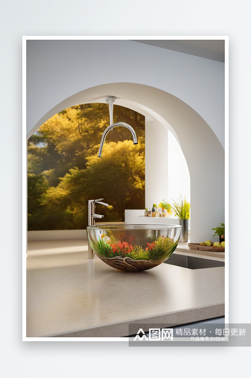 厨房水槽与自然景观图片素材