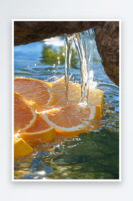 橙子掰成两大块一股干净淡水下被阳光照耀着