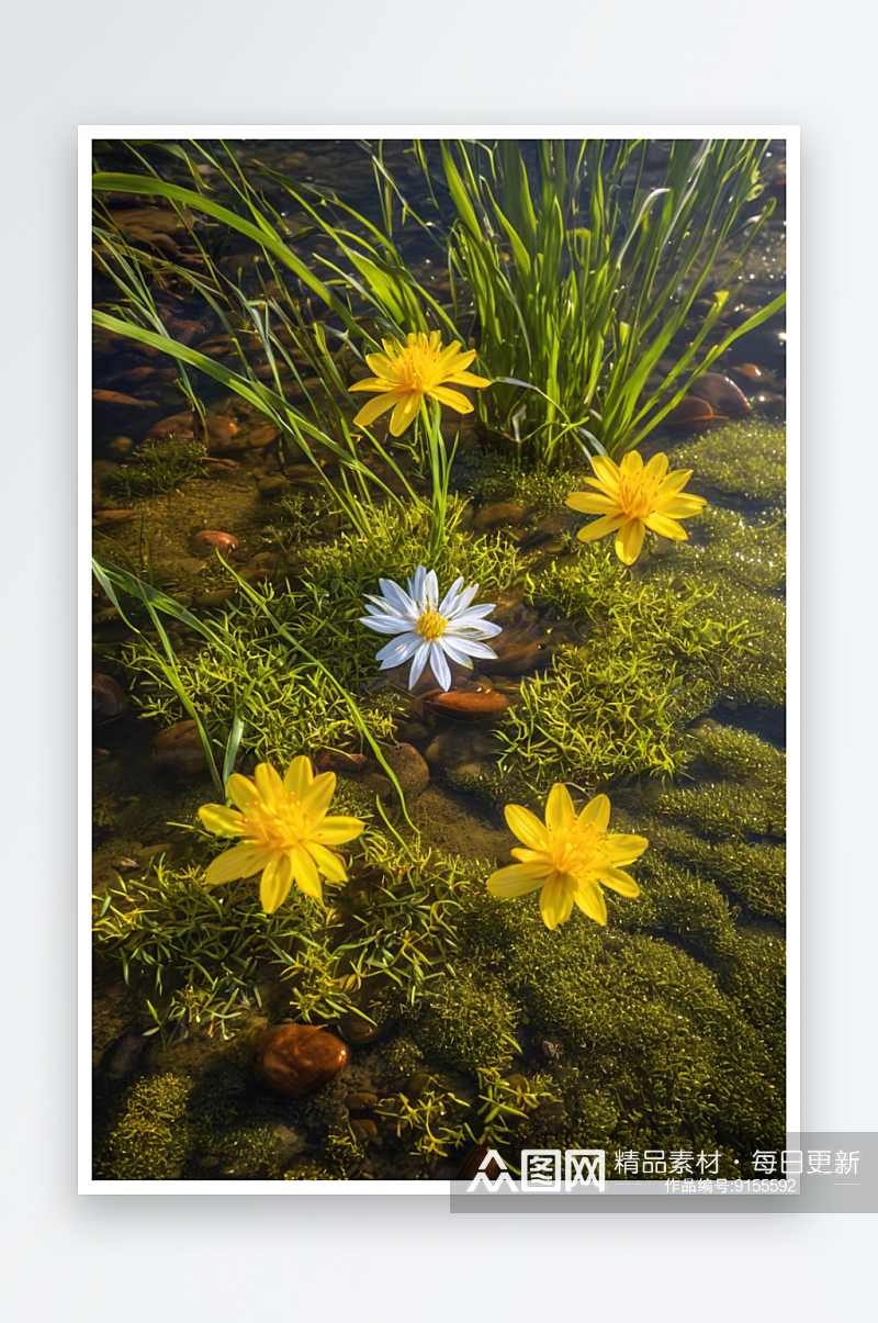 草丛花朵植物小溪河流图片素材