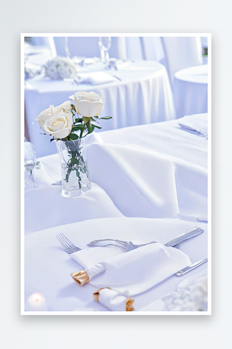 白色桌布婚礼餐桌上摆满了白色玫瑰花束图片