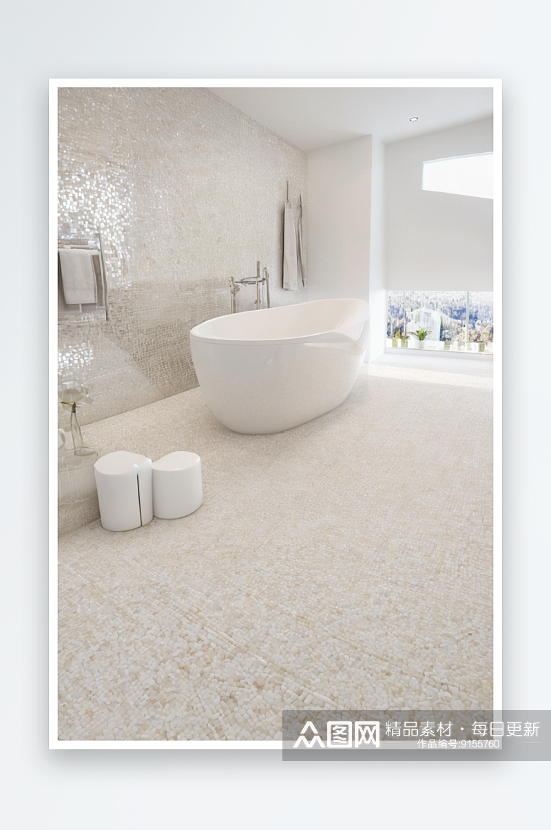 白色浴室有浴缸地板上马赛克瓷砖图片素材