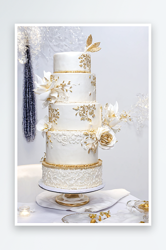 白色金色婚礼蛋糕甜点图片