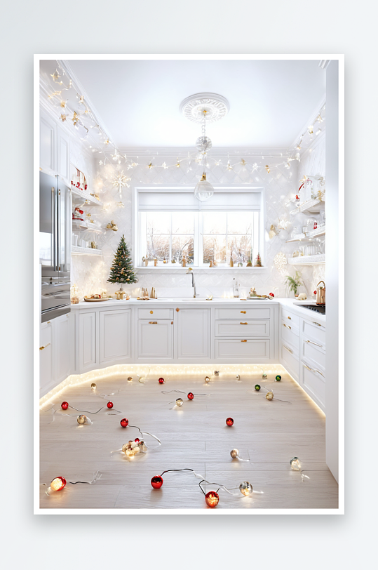 白色厨房内部与经典圣诞节装饰灯图片