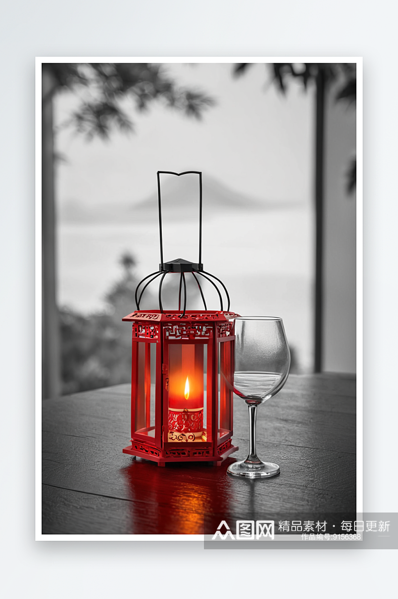 桌上红色小灯笼与福字红包新气氛照片素材