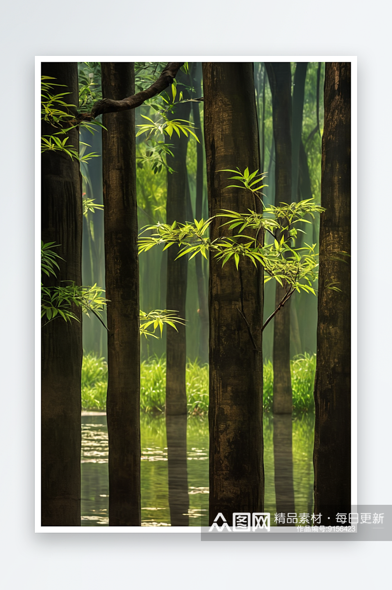 竹子影子传统中式山水画意境图片素材