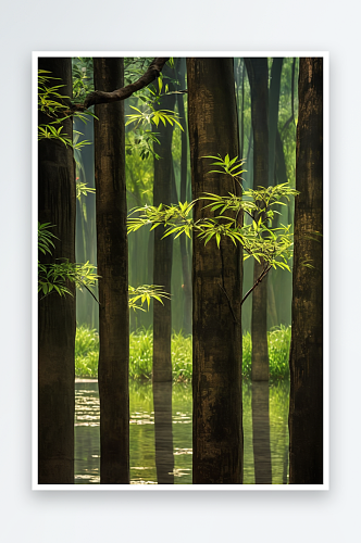 竹子影子传统中式山水画意境图片