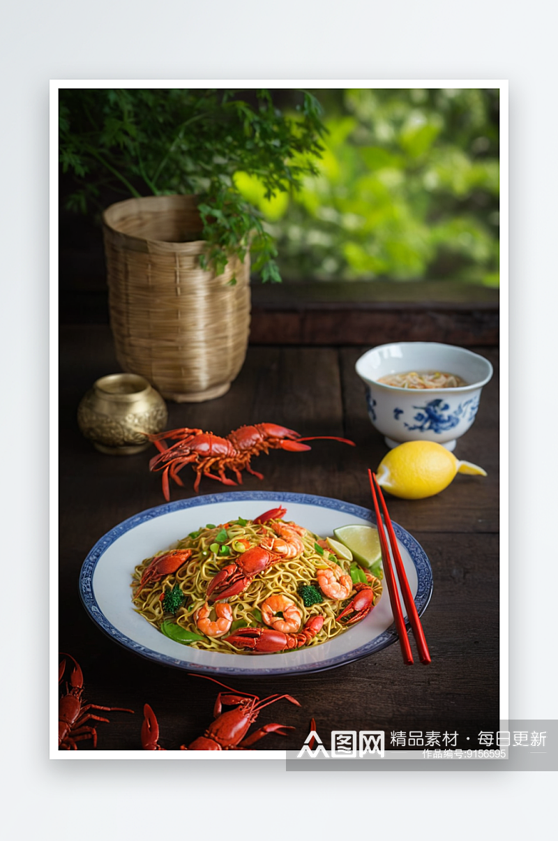 中式自制炒面配小龙虾叶菜图片素材