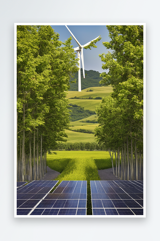 长长一排工业太阳能电池板背景是一个大型风