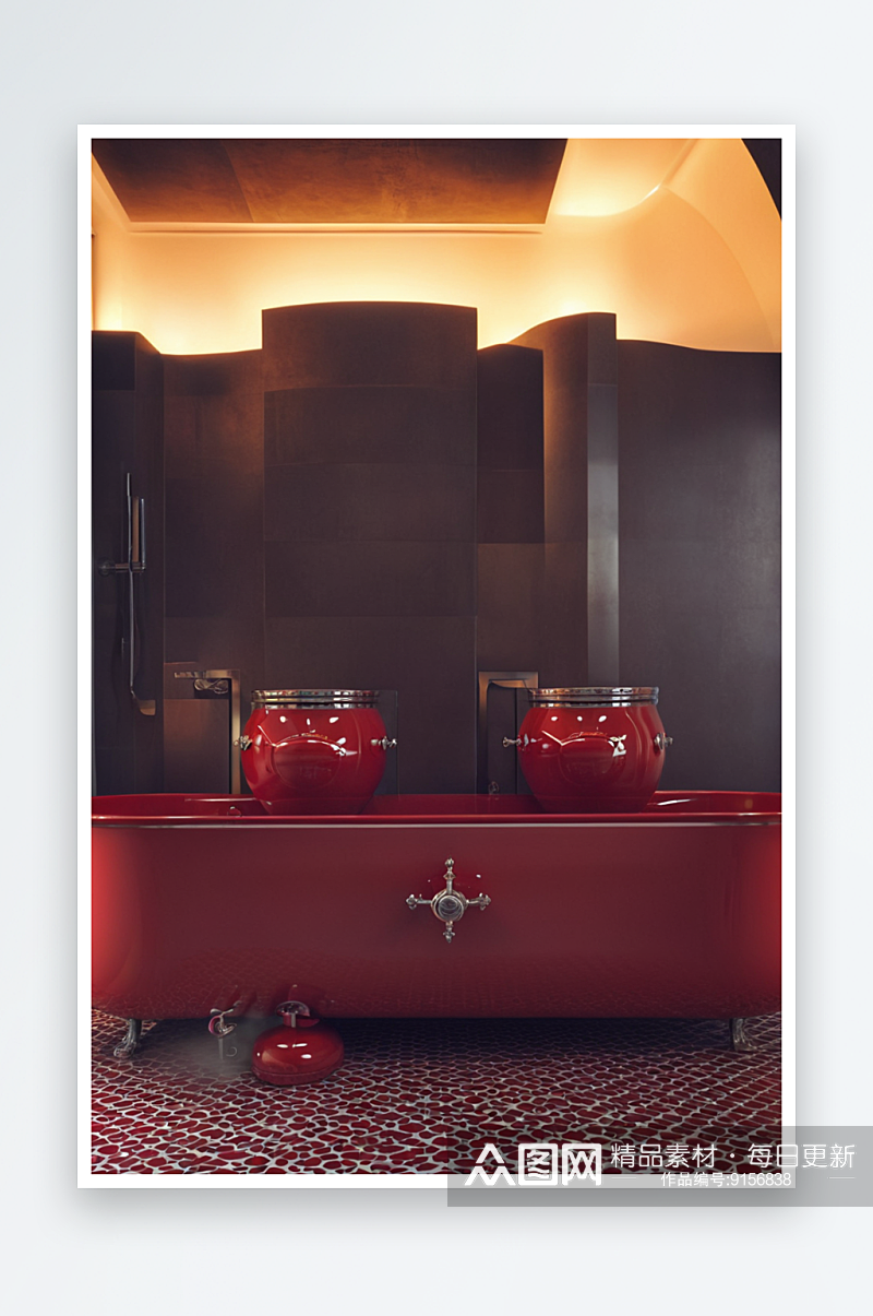 浴室设有独立浴缸红白格子地板双盆华丽金属素材