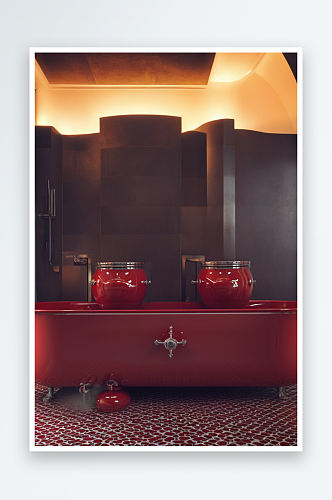 浴室设有独立浴缸红白格子地板双盆华丽金属