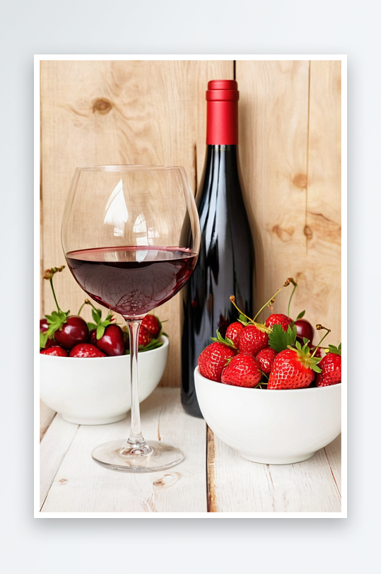 以红酒瓶玻璃杯新鲜草莓樱桃为背景木桌墙图