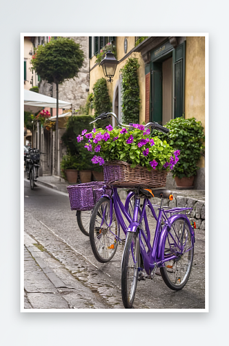 一辆紫罗兰色自行车梅纳吉奥主要街道上科莫