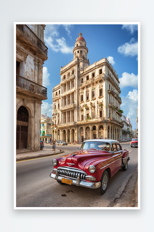 一辆老爷车穿过古巴哈瓦那老城图片